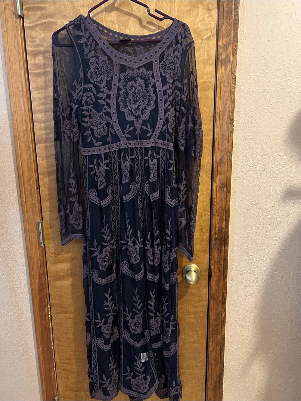 Elegant Navy Blue Floral Embroidered Lace Dress- Excellent Condition